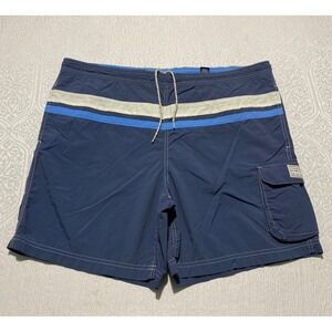 Chaps Mens Swim Trunks XL Navy‎ Blue Striped Cargo Pocket Nylon Board Shorts